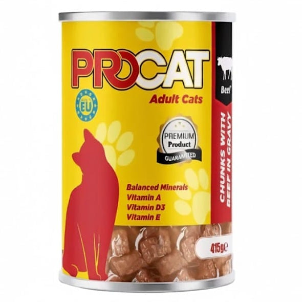 PROCAT Cat Pro Cat Adult Cat Food Chunks with Beef in Gravy  Complete Wet Food 415g