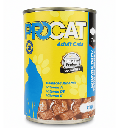 PROCAT Cat Pro Cat Adult Cat Food Chunks with Tuna in Gravy  Complete Wet Food 415g