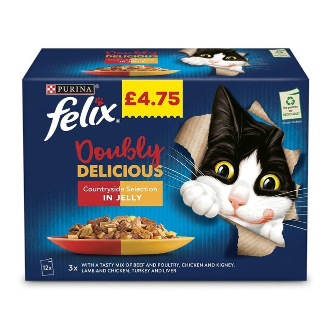 Purina FELIX Cat Felix Doubly Delicious Countryside Selection Wet Cat Food Pouches in Jelly Meat Mixes 12 × 85g