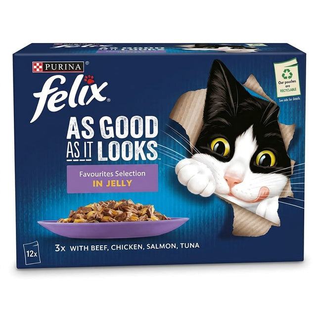 Purina FELIX Cat Purina Felix Wet Cat Food In Jelly Favourites Selection Pack 12×85g Pouches Beef, Chicken, Salmon, Tuna