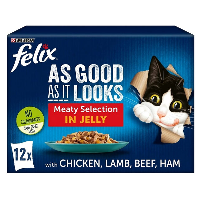 Purina FELIX Cat Purina Felix Wet Cat Food In Jelly Meaty Meat Selection Variety Pack 12 × 85g Chicken, Lamb, Beef, Ham