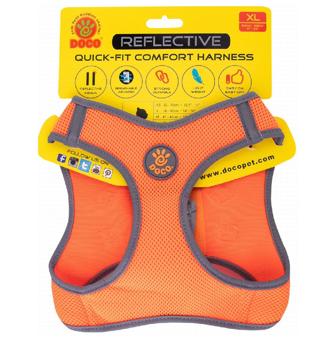 حزام الكلب المريح السريع العاكس باللون البرتقالي من Doco X Large من 52 إلى 58 سم