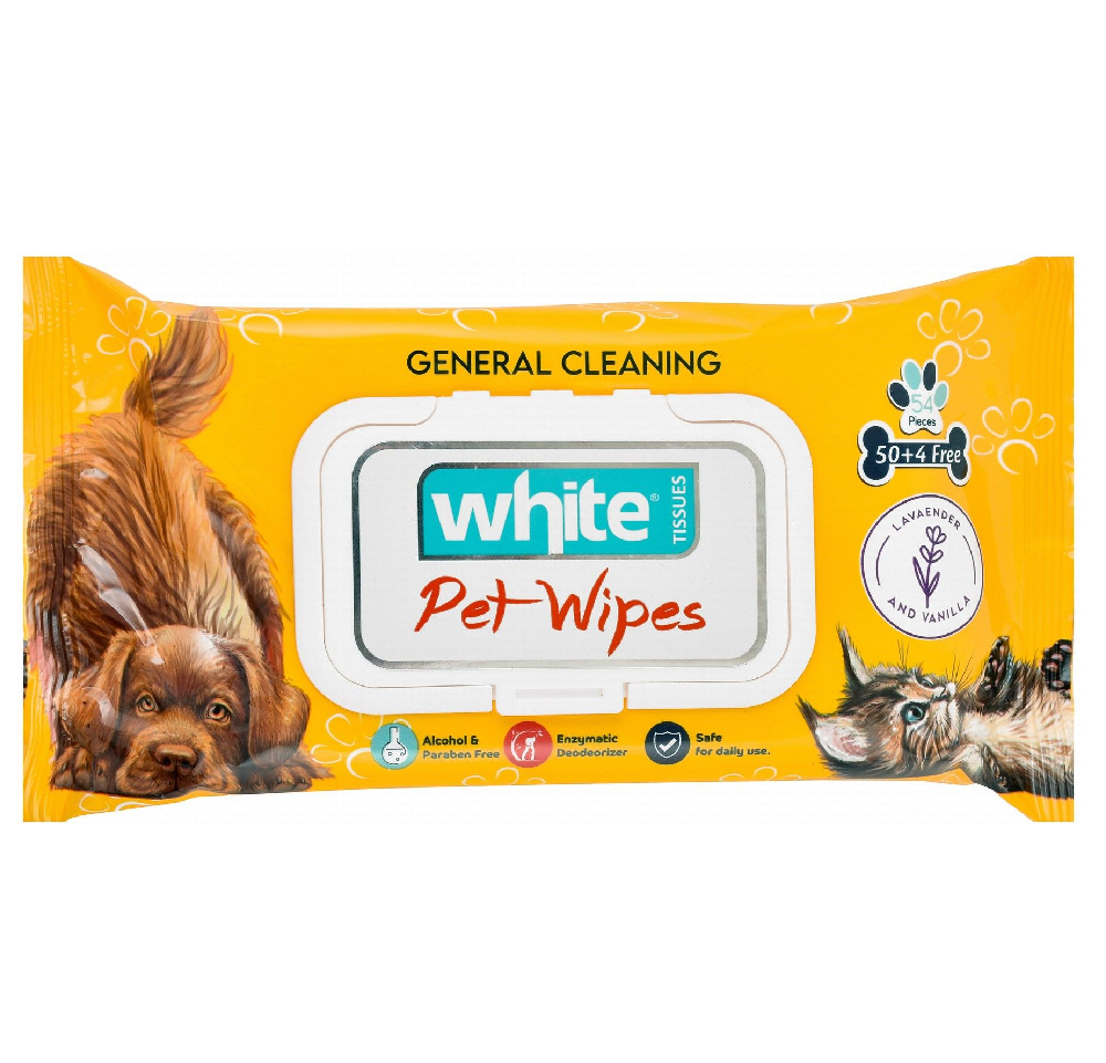 White Pet Wipes with Lavender and Vanilla Scent 54 pcs