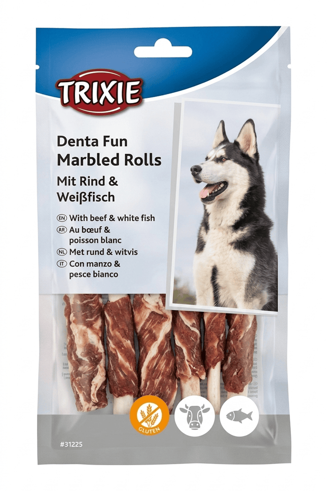 Trixie Dog Trixie Denta Fun Marbled Rolls Dog Treats Beef And White Fish 70g