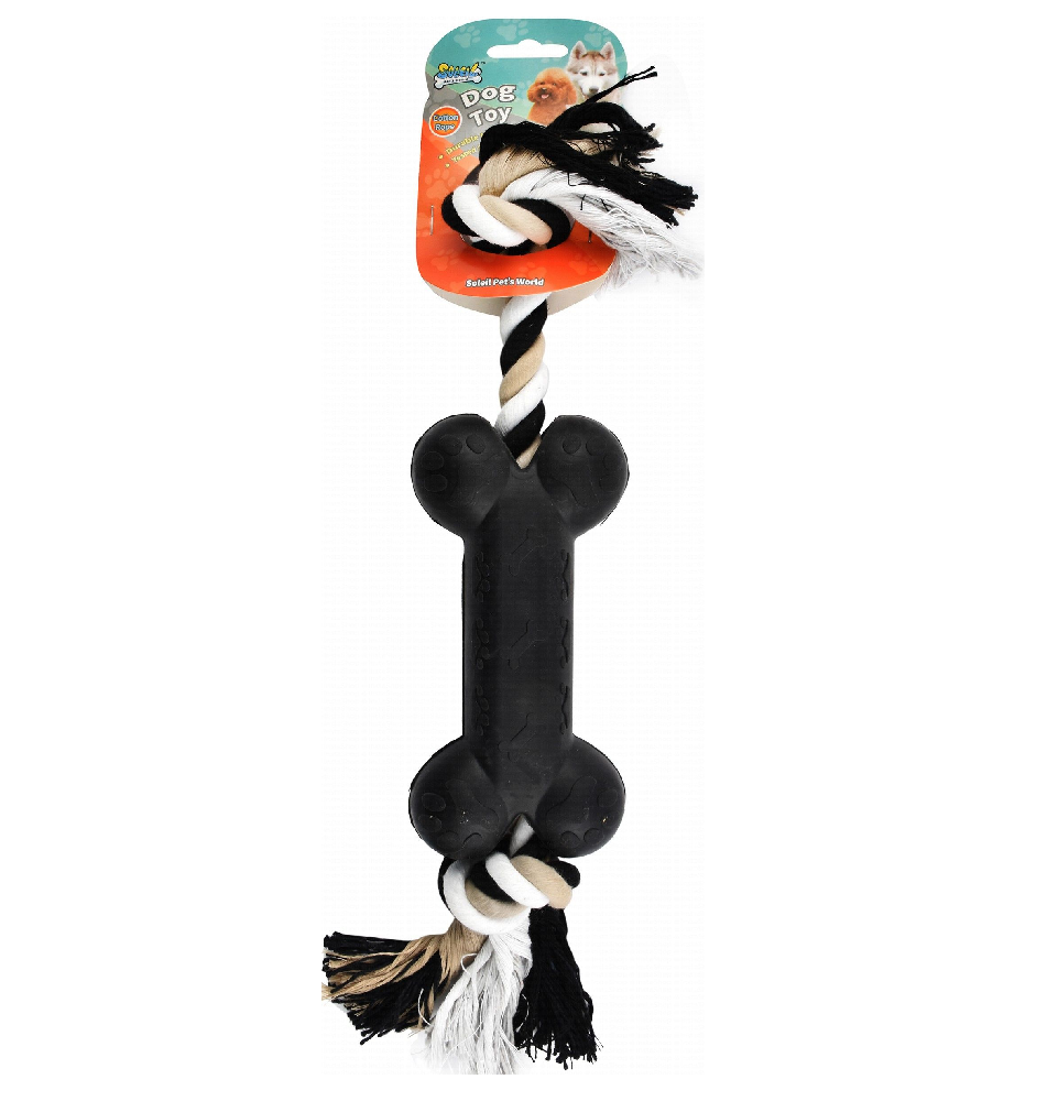 Soleil Black Bone Shaped Dog Tug Toy with Cotton Rope