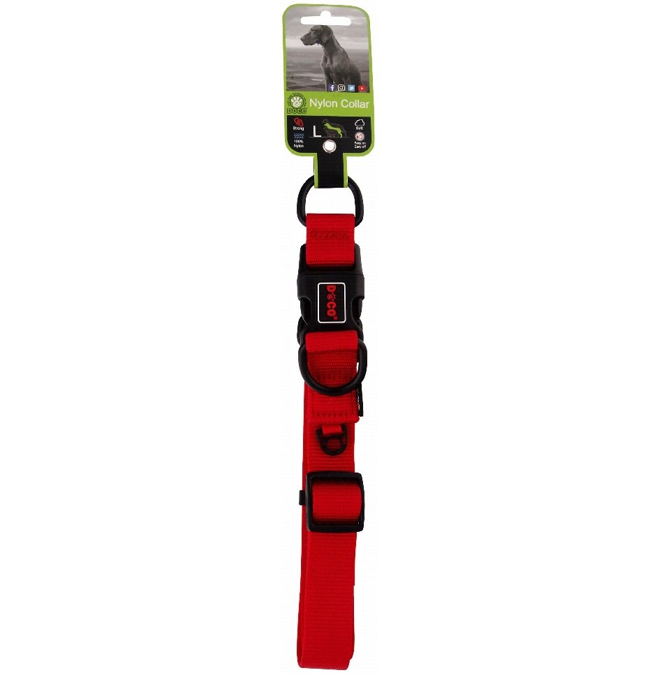 Doco Large red Double D-Ring Nylon Dog Collar 45 to 68 in 2.5cm