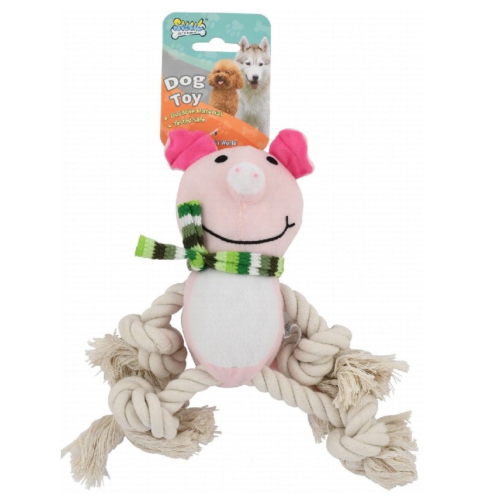 Soleil Pink Pig Plush Dog Toy with Rope