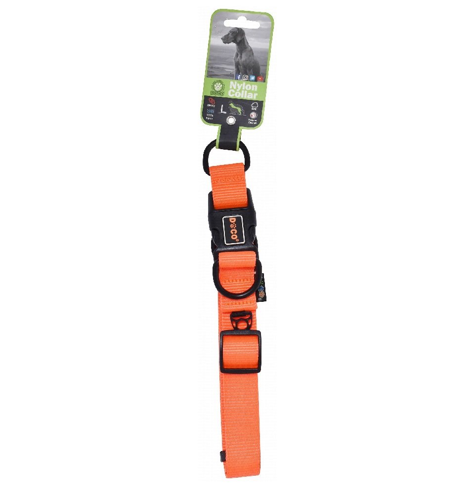 Doco Large Orange Double D-Ring Nylon Dog Collar 45 to 68 in 2.5cm