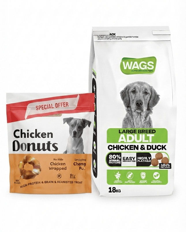 WAGS Dog WAGS chicken and duck Dog Dry Food For Large Breed Adult 18Kg  Free Wags Chicken Donuts Treat