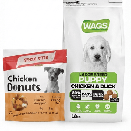 WAGS Dog WAGS Chicken and Duck Dog Dry Food for Large Breed Puppy 18Kg  Free Wags Chicken Donuts Treat