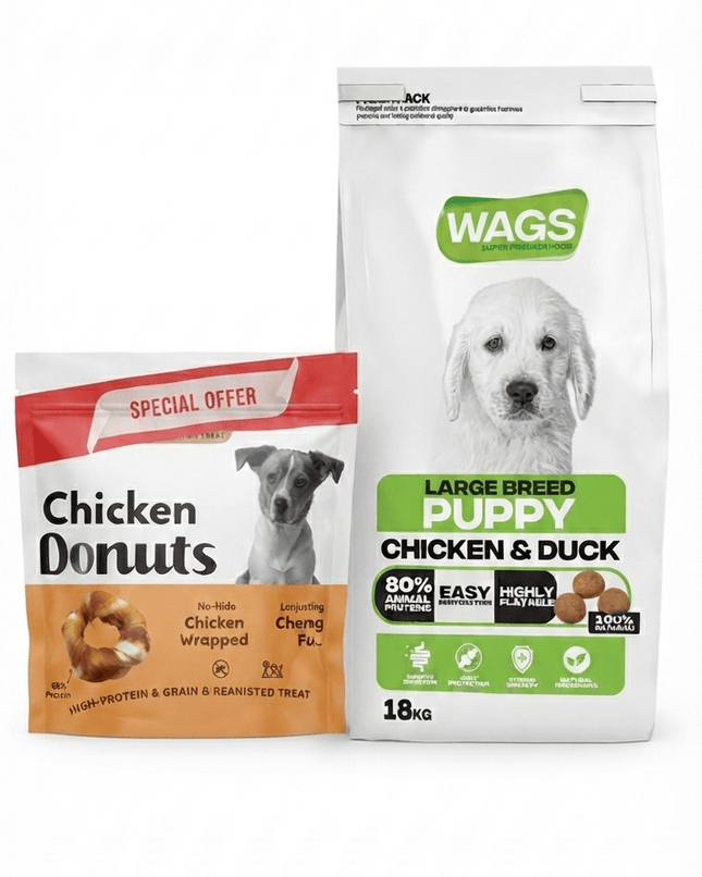 WAGS Dog WAGS Chicken and Duck Dog Dry Food for Large Breed Puppy 18Kg  Free Wags Chicken Donuts Treat