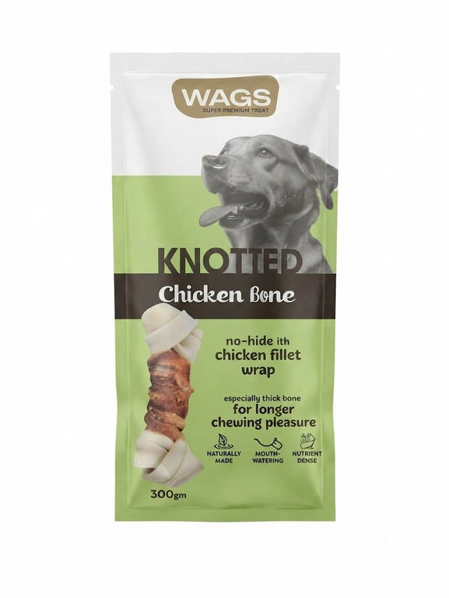 WAGS Dog Wags Knotted Chicken Bone  300g Long Lasting Natural Dog Chews