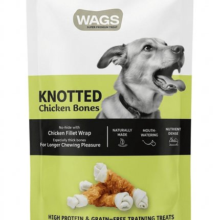 WAGS Dog Wags Knotted Chicken Bones Dog Treats 100g No Hide Training Snacks 5 Pieces