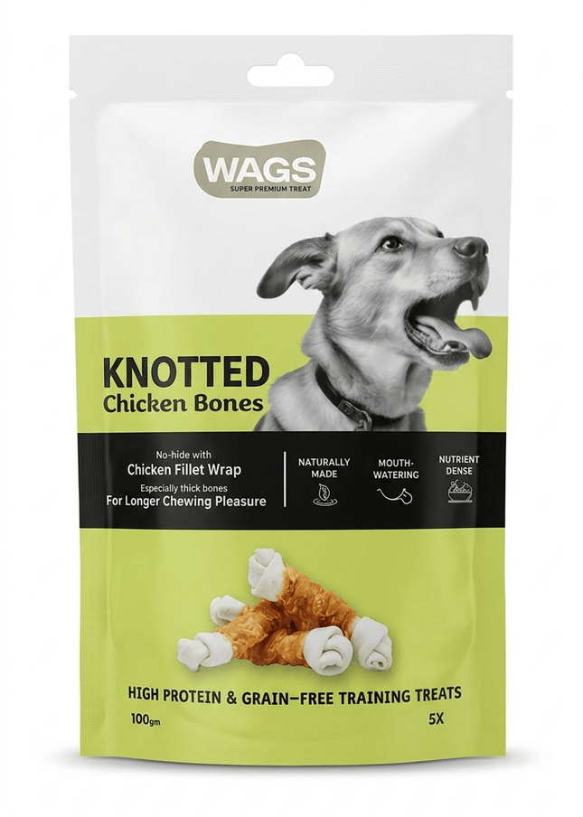 WAGS Dog Wags Knotted Chicken Bones Dog Treats 100g No Hide Training Snacks 5 Pieces