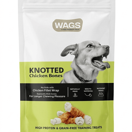 WAGS Dog Wags Knotted Chicken Bones Dog Treats 200g No Hide Chicken Fillet Wrap Snacks