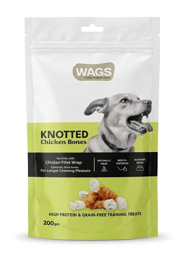 WAGS Dog Wags Knotted Chicken Bones Dog Treats 200g No Hide Chicken Fillet Wrap Snacks