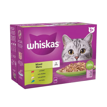 Whiskas Cat Whiskas Adult 1+ Mixed Menu Wet Food Pouches in Jelly  Beef, Chicken, Salmon And Tuna 12 × 85g