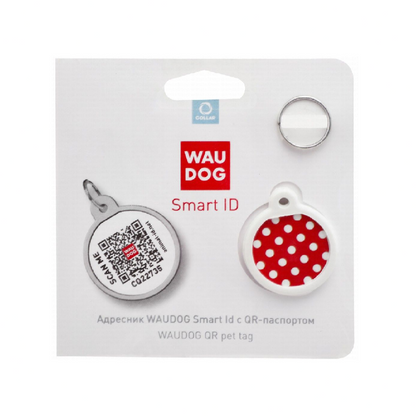 Smart ID Tag Wau Dog Red and White Polka Dot Print Round Shaped