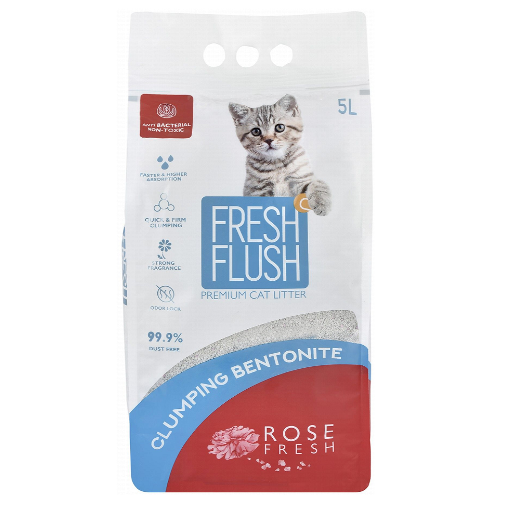 Fresh Flush Antibacterial Bentonite Clumping Cat Litter Rose Scent - non toxic 5 L