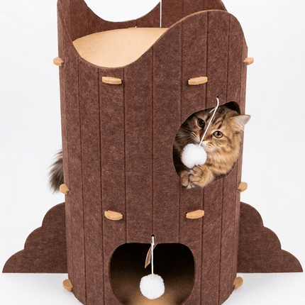 Ziggy Pupps Cat Cat House Multi Level Felt Cat House with Wings And Teaser Ball Brown