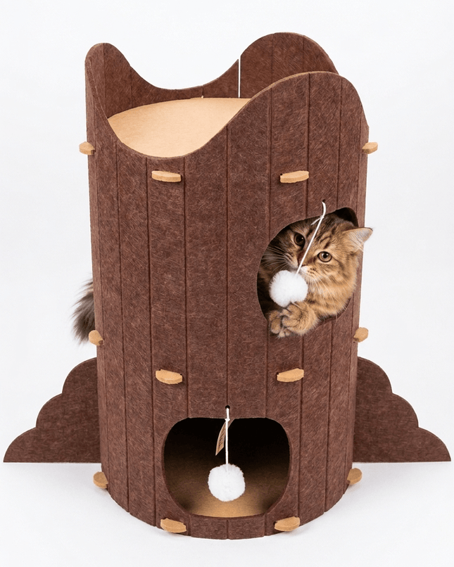 Ziggy Pupps Cat Cat House Multi Level Felt Cat House with Wings And Teaser Ball Brown