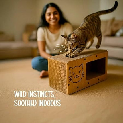 Ziggy Pupps Cat Corrugated Cardboard Cat Scratching House With Wood Frame And Cute Cat Face Cutout