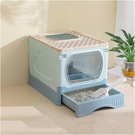 Ziggy Pupps Cat Foldable Enclosed Cat Litter Box with Pull-Out Drawer and Scoop Size 51 × 38 × 41 cm Blue