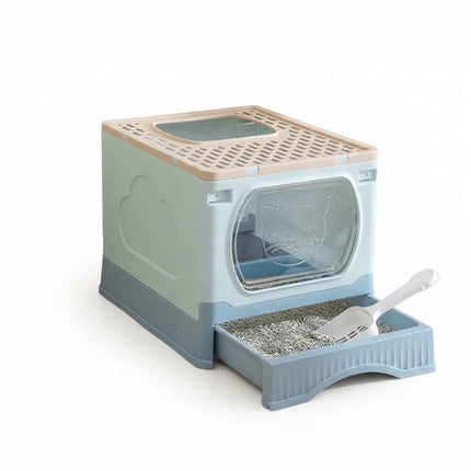 Ziggy Pupps Cat Foldable Enclosed Cat Litter Box with Pull-Out Drawer and Scoop Size 51 × 38 × 41 cm Blue