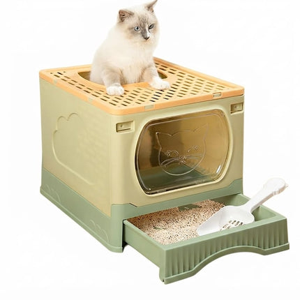 Ziggy Pupps Cat Foldable Enclosed Cat Litter Box with Pull-Out Drawer and Scoop Size 51 × 38 × 41 cm Yellow