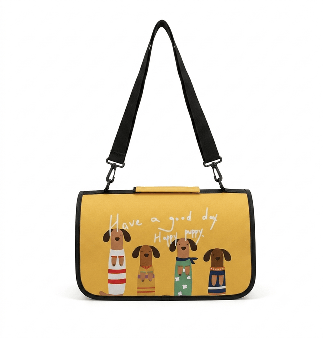 Ziggy Pupps Cat Foldable Soft Sided Cat Travel Carrier Bag Yellow Happy Puppy Design Size 36 × 20 × 20 cm