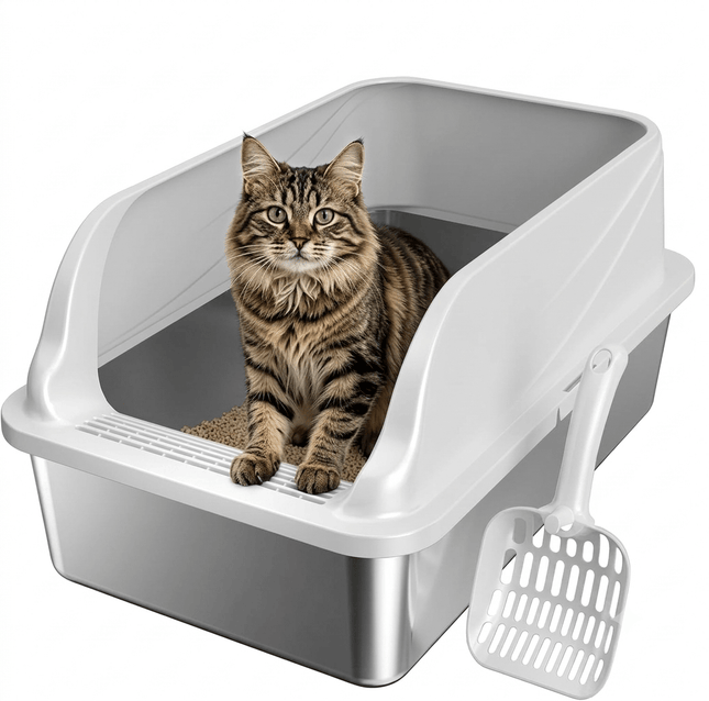 Ziggy Pupps Cat High-Sided Stainless Steel Cat Litter Box Semi Enclosed Litter Tray with Scoop 58× 38×26 cm