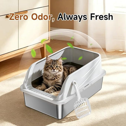 Ziggy Pupps Cat High-Sided Stainless Steel Cat Litter Box Semi Enclosed Litter Tray with Scoop 58× 38×26 cm