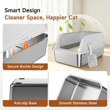 Ziggy Pupps Cat High-Sided Stainless Steel Cat Litter Box Semi Enclosed Litter Tray with Scoop 58× 38×26 cm