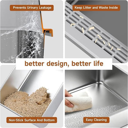 Ziggy Pupps Cat High-Sided Stainless Steel Cat Litter Box Semi Enclosed Litter Tray with Scoop 58× 38×26 cm