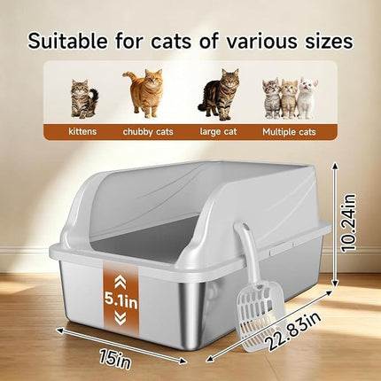 Ziggy Pupps Cat High-Sided Stainless Steel Cat Litter Box Semi Enclosed Litter Tray with Scoop 58× 38×26 cm