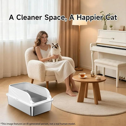 Ziggy Pupps Cat High-Sided Stainless Steel Cat Litter Box Semi Enclosed Litter Tray with Scoop 58× 38×26 cm