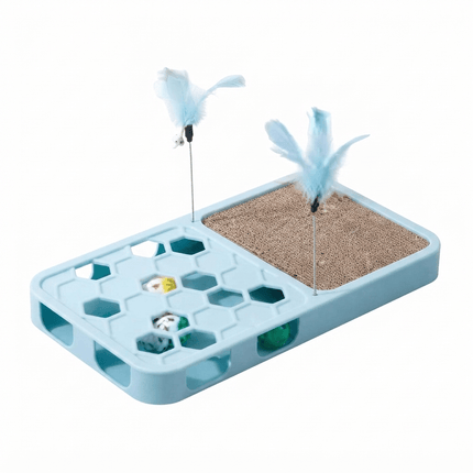 Ziggy Pupps Cat Interactive 3 in 1 Cat Toy  Scratching Pad Puzzle Box and Feather Teaser Set Blue