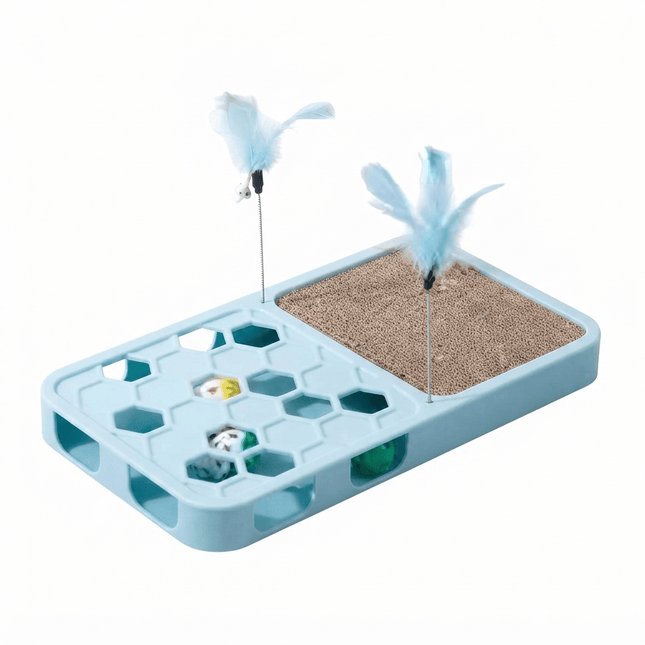 Ziggy Pupps Cat Interactive 3 in 1 Cat Toy  Scratching Pad Puzzle Box and Feather Teaser Set Blue