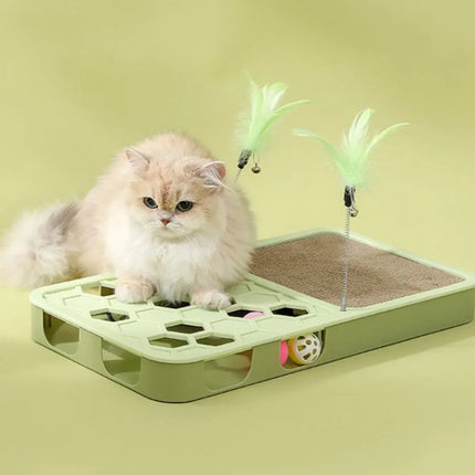 Ziggy Pupps Cat Interactive 3 in 1 Cat Toy  Scratching Pad Puzzle Box and Feather Teaser Set Green