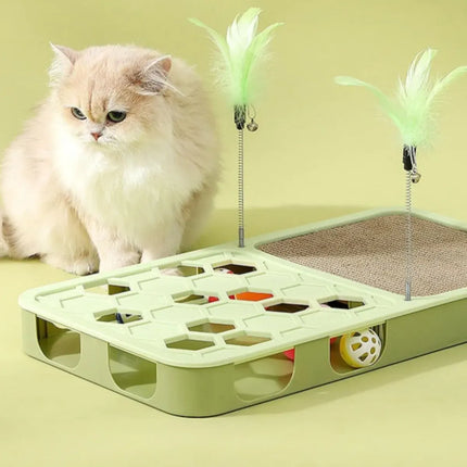 Ziggy Pupps Cat Interactive 3 in 1 Cat Toy  Scratching Pad Puzzle Box and Feather Teaser Set Green