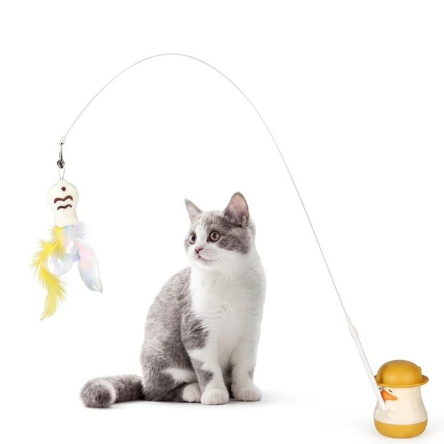 Ziggy Pupps Cat Interactive Cat Teaser Cat Toy with Feathered Fish Interchangeable Teaser Heads 360 Degree Rotating Duck Base Detachable