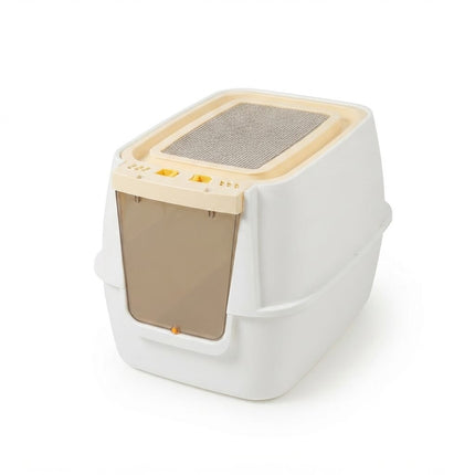Ziggy Pupps Cat Interactive Enclosed Cat Litter Box with Built in Toy Premium Pet Toilet Beige