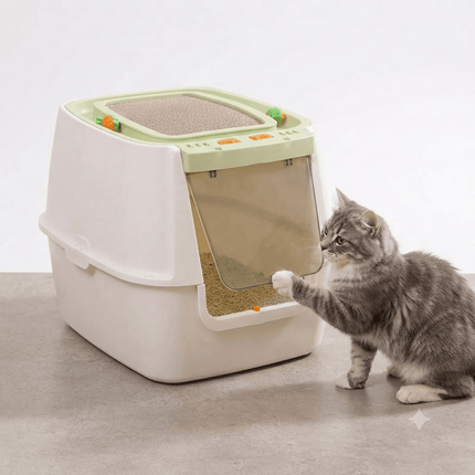 Ziggy Pupps Cat Interactive Enclosed Cat Litter Box with Built in Toy Premium Pet Toilet Green