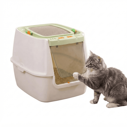 Ziggy Pupps Cat Interactive Enclosed Cat Litter Box with Built in Toy Premium Pet Toilet Green