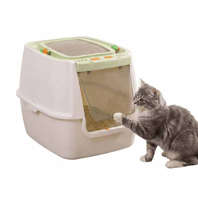 Ziggy Pupps Cat Interactive Enclosed Cat Litter Box with Built in Toy Premium Pet Toilet Green