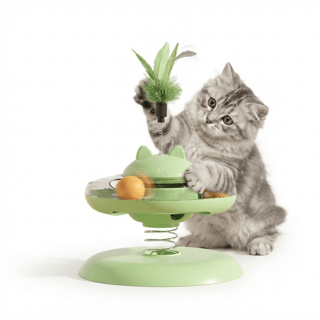 Ziggy Pupps Cat Interactive Spring Cat Toy Turntable Toy with Feather And Rolling Balls for Indoor Cats Green
