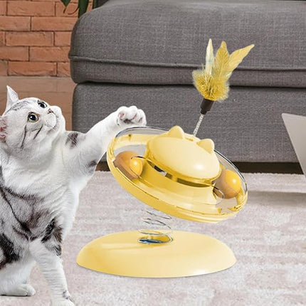 Ziggy Pupps Cat Interactive Spring Cat Toy Turntable Toy with Feather And Rolling Balls for Indoor Cats Yellow