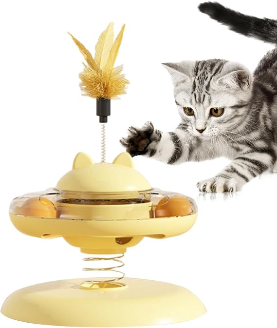 Ziggy Pupps Cat Interactive Spring Cat Toy Turntable Toy with Feather And Rolling Balls for Indoor Cats Yellow