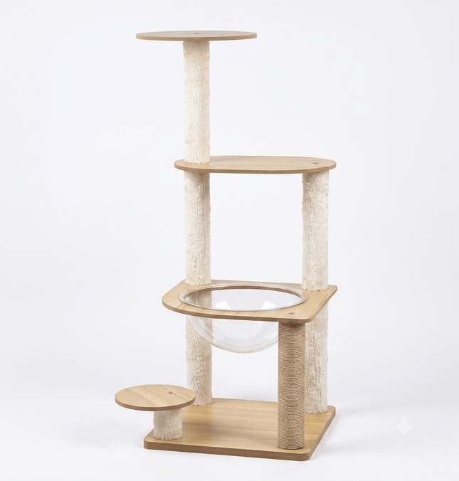 Ziggy Pupps Cat Modern Wooden Cat Tree with Transparent Bubble Bed and Sisal Scratching Posts 95x 40 cm