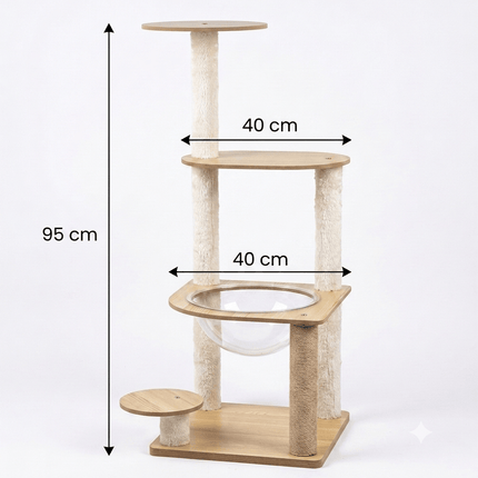 Ziggy Pupps Cat Modern Wooden Cat Tree with Transparent Bubble Bed and Sisal Scratching Posts 95x 40 cm